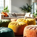 Cactus silk Poufs displayed in a bright living room, highlighting unique textures and warm colors.