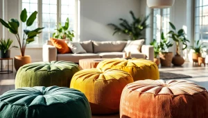 Cactus silk Poufs displayed in a bright living room, highlighting unique textures and warm colors.