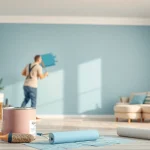 Painter applying fresh interior painting colors in a bright living room setting.