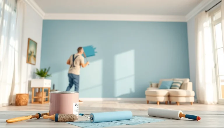 Painter applying fresh interior painting colors in a bright living room setting.