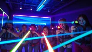 Children and adults playing laser tag in an illuminated indoor arena with colorful laser beams.