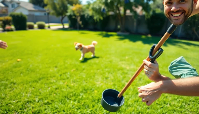 Experience an affordable pooper scooper service in San Antonio with a friendly technician in a clean yard.