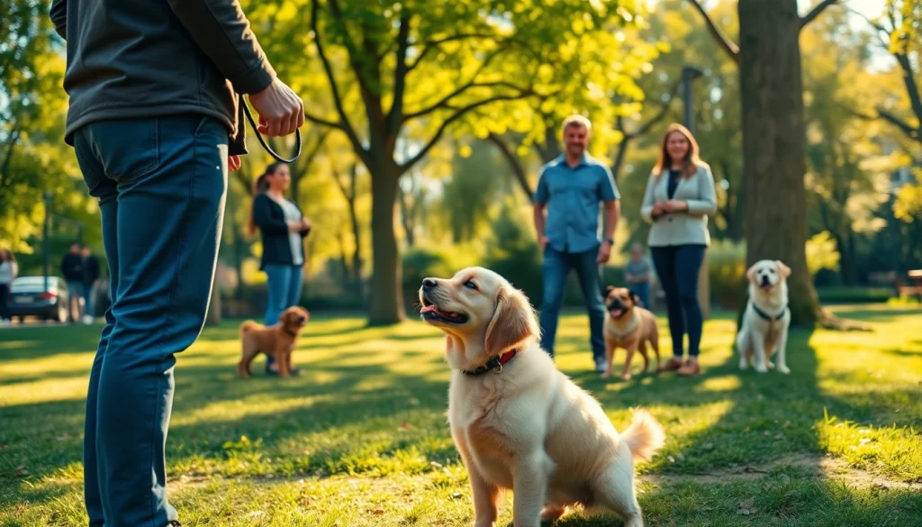 Engaging dog training session in Irvine with a trainer and a golden retriever puppy focused on skills.