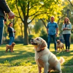 Engaging dog training session in Irvine with a trainer and a golden retriever puppy focused on skills.