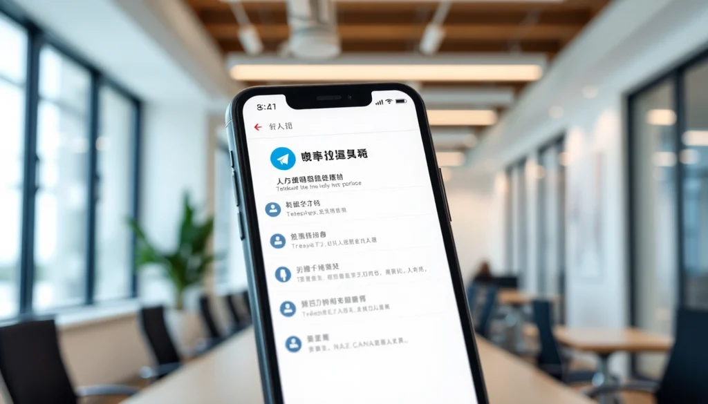 Explore the Telegram电脑版中文 interface on a smartphone in a bright office, highlighting its user-friendly features.