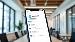 Explore the Telegram电脑版中文 interface on a smartphone in a bright office, highlighting its user-friendly features.