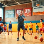 Students engaging in best basketball training programs with a dedicated coach in a vibrant gym.
