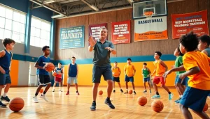 Students engaging in best basketball training programs with a dedicated coach in a vibrant gym.