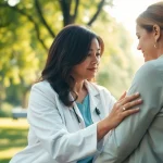 Supporting a friend dealing with grief in a peaceful park setting.