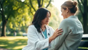 Supporting a friend dealing with grief in a peaceful park setting.