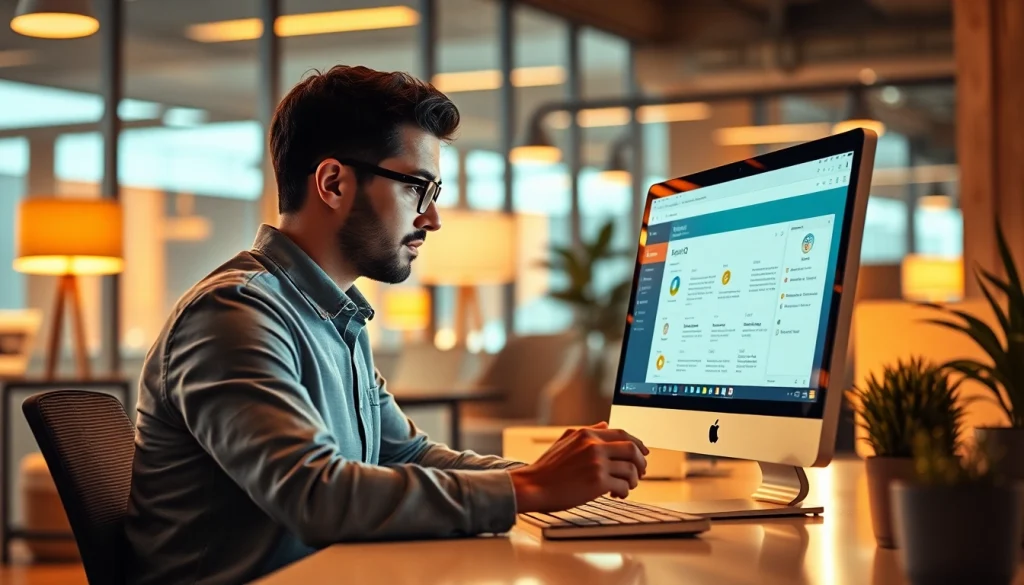 Using the quickq官网 interface, a user engages in productive tasks at a modern office desk.