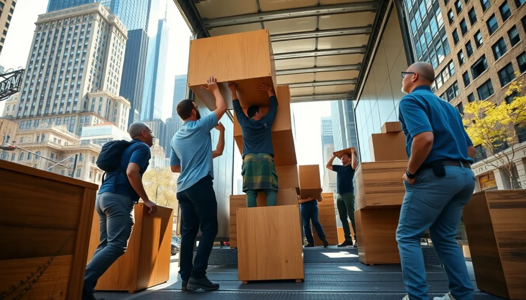 Movers NYC team efficiently handling furniture in a busy New York City environment.