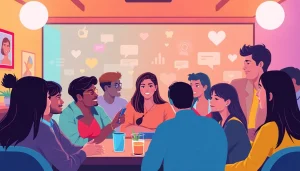 People engaging in a lively شات صوتي session in a vibrant online setting.