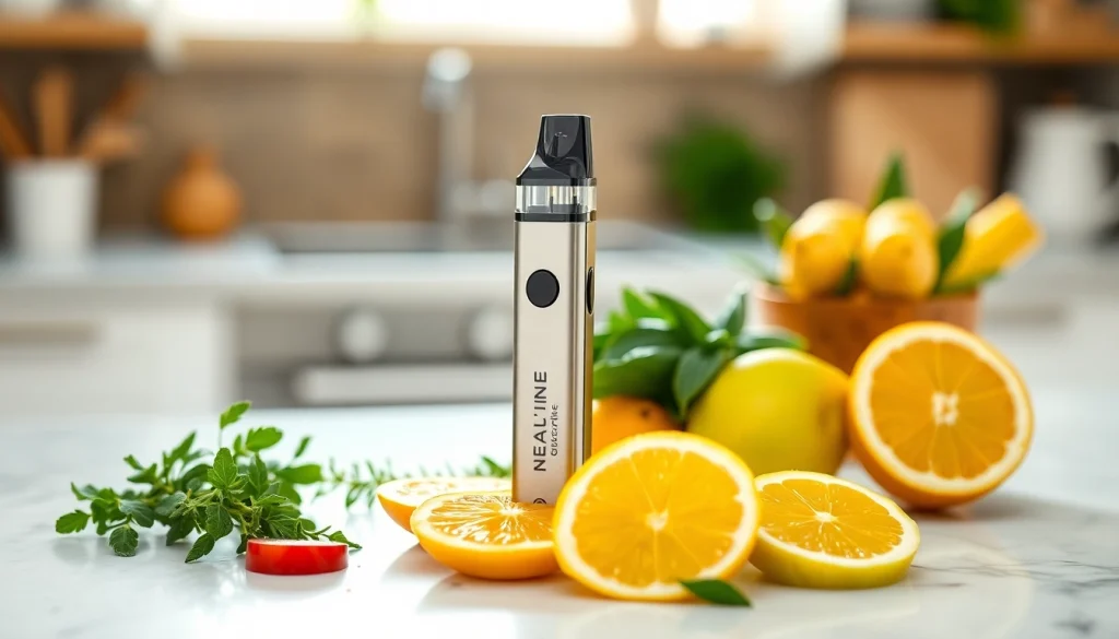 A vibrant zero nicotine disposable vape amongst fruits and herbs, highlighting flavor and lifestyle choices.