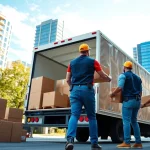 House moves showcasing professional movers loading a truck with items in an urban environment.