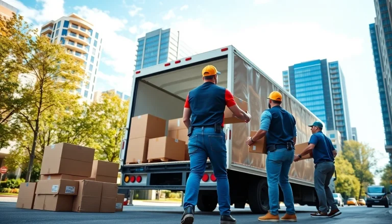 House moves showcasing professional movers loading a truck with items in an urban environment.