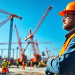 Crane supervisor answers for NVQ Level 4 as a professional inspects lifting operations at a construction site.