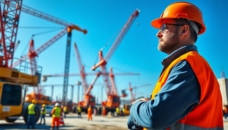 Crane supervisor answers for NVQ Level 4 as a professional inspects lifting operations at a construction site.