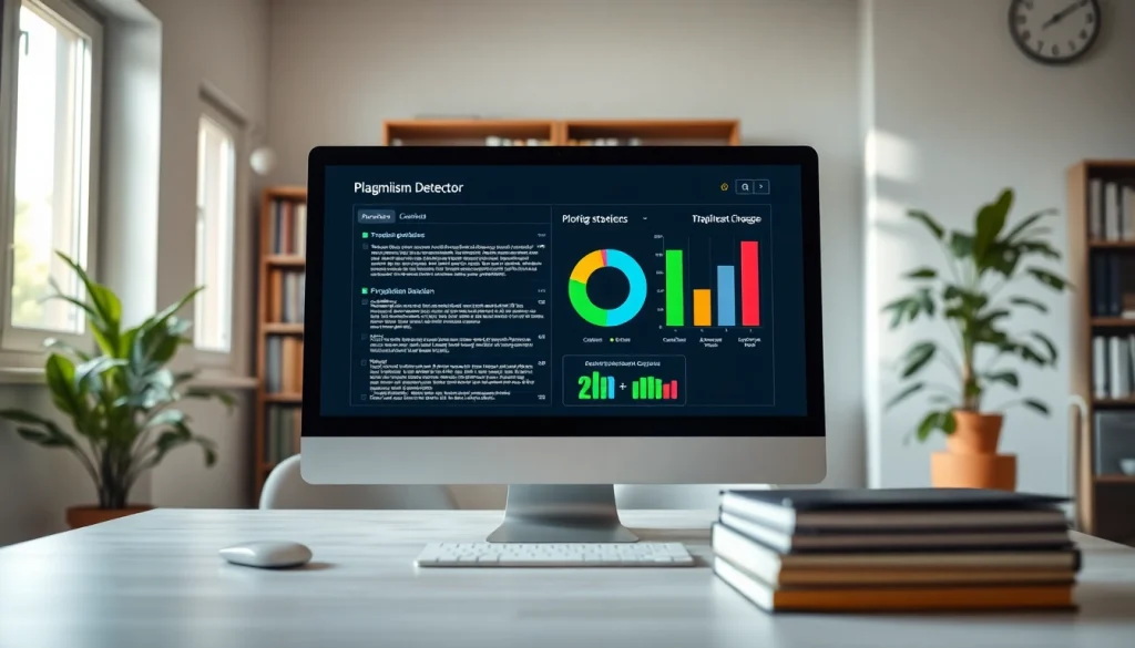 Interactive plagiarism detector tool showcased on a bright workspace setting.