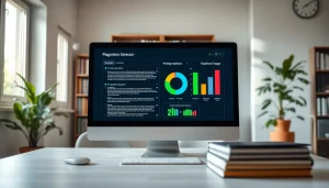 Interactive plagiarism detector tool showcased on a bright workspace setting.