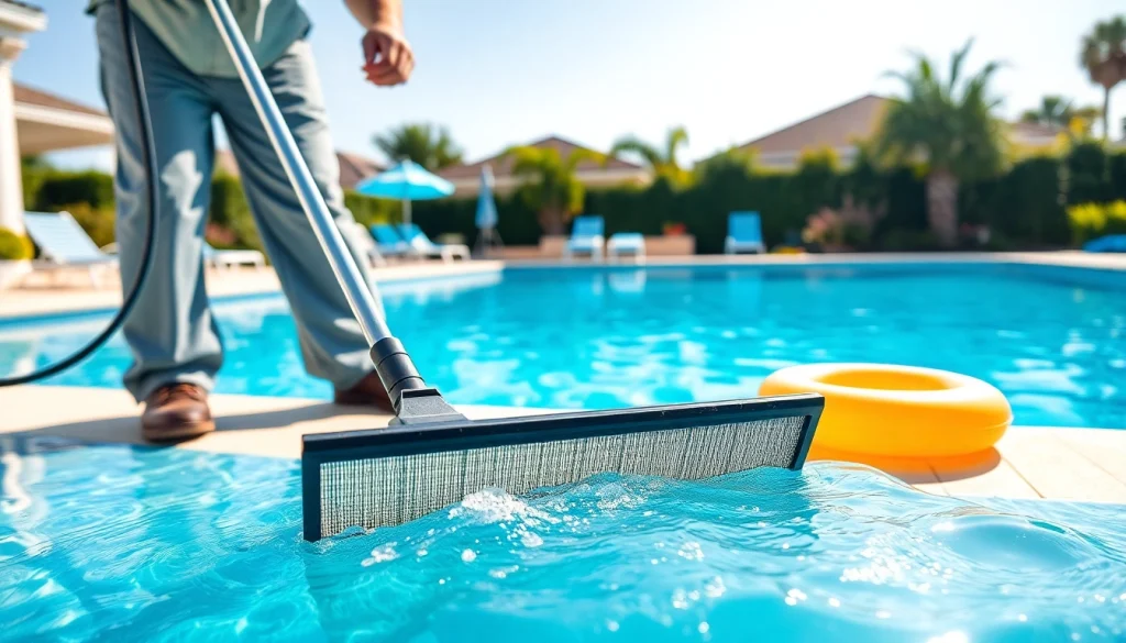 Engaged technician performing a pool cleaning service near me, showcasing clear water and sparkling surroundings.