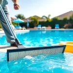 Engaged technician performing a pool cleaning service near me, showcasing clear water and sparkling surroundings.