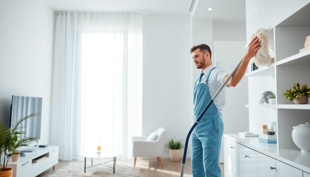 Professional bond cleaning service in Brisbane, showcasing a cleaner in action in a bright apartment.