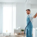 Professional bond cleaning service in Brisbane, showcasing a cleaner in action in a bright apartment.