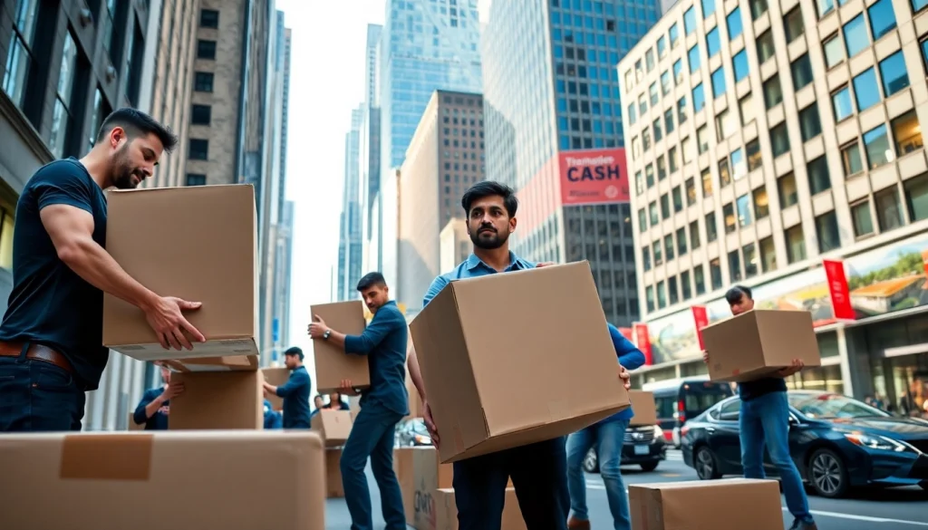 Movers NYC showcasing professional team packing items in a bustling city environment.