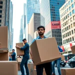 Movers NYC showcasing professional team packing items in a bustling city environment.