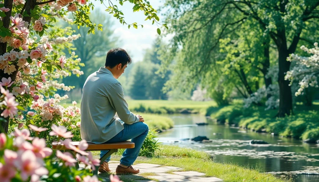 Individual dealing with grief reflects in a tranquil garden of calming colors.