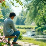 Individual dealing with grief reflects in a tranquil garden of calming colors.