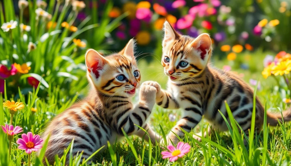 Adorable Bengal Breeders Orange County kittens enjoying a sunny day in a lush garden.