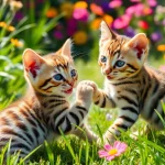 Adorable Bengal Breeders Orange County kittens enjoying a sunny day in a lush garden.