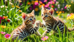 Adorable Bengal Breeders Orange County kittens enjoying a sunny day in a lush garden.