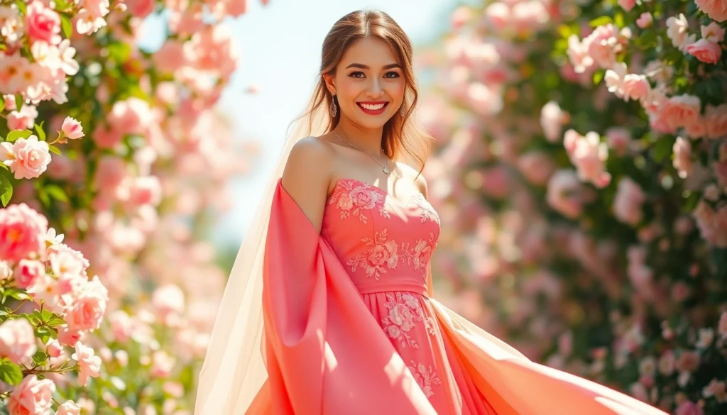 Experience vibrant coloured wedding dresses that enhance the unique bridal style in a romantic garden setting.