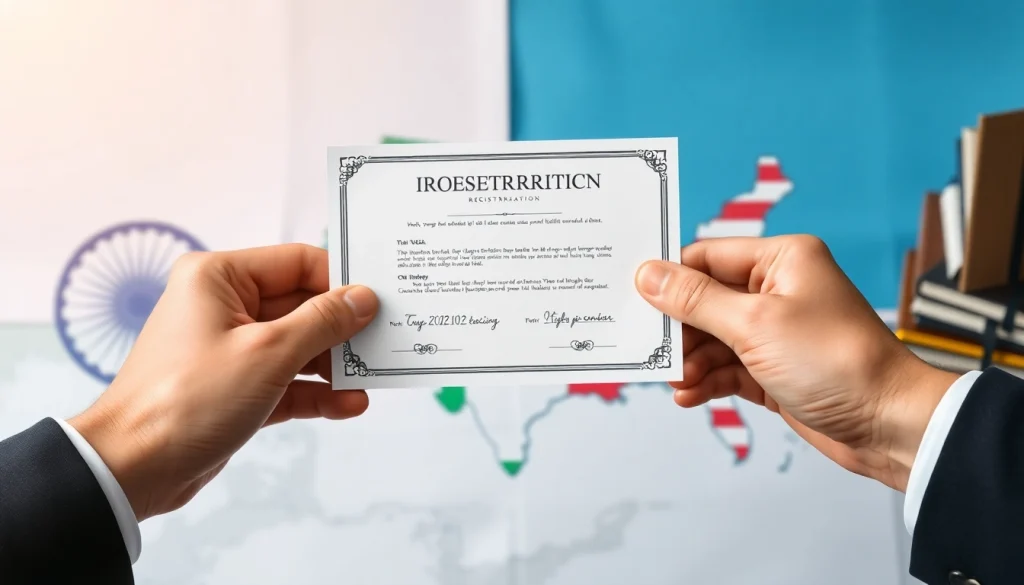 Illustration of trademark registration in India and US, depicting hands placing certificates on a global map.