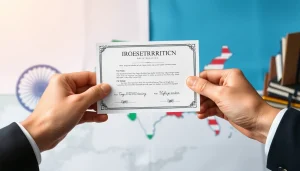 Illustration of trademark registration in India and US, depicting hands placing certificates on a global map.
