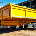 Highlighting hydraulic dump trailers for sale on a busy construction site, showcasing their durability and efficiency.