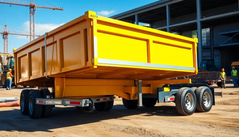 Highlighting hydraulic dump trailers for sale on a busy construction site, showcasing their durability and efficiency.