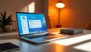 Using telegram电脑版中文 to enhance productivity on a sleek laptop in a modern workspace.