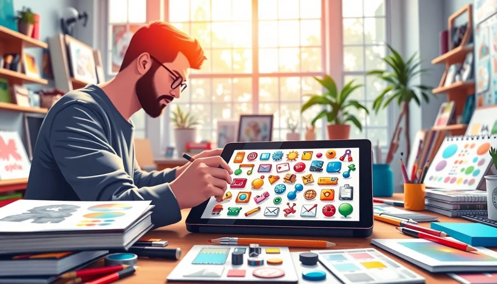 Designing creative icons with an array of colors and styles in a vibrant workspace.