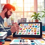 Designing creative icons with an array of colors and styles in a vibrant workspace.