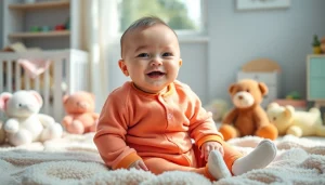 Baby onesie worn by a happy infant in a bright and cozy nursery setting.