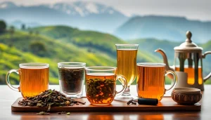 Explore the best teas from Nepal visually represented in a serene tea tasting setting with Himalayan mountains backdrop.