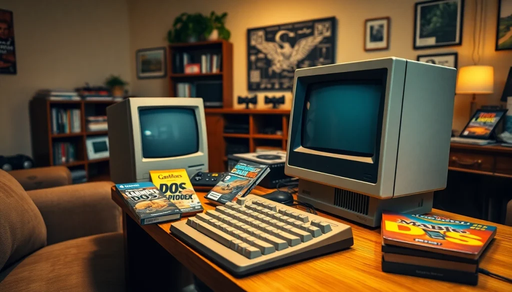 Download dos games with a nostalgic retro gaming setup featuring a classic DOS computer.
