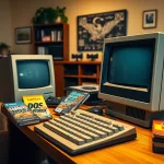 Download dos games with a nostalgic retro gaming setup featuring a classic DOS computer.