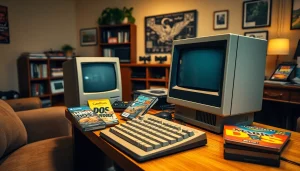 Download dos games with a nostalgic retro gaming setup featuring a classic DOS computer.