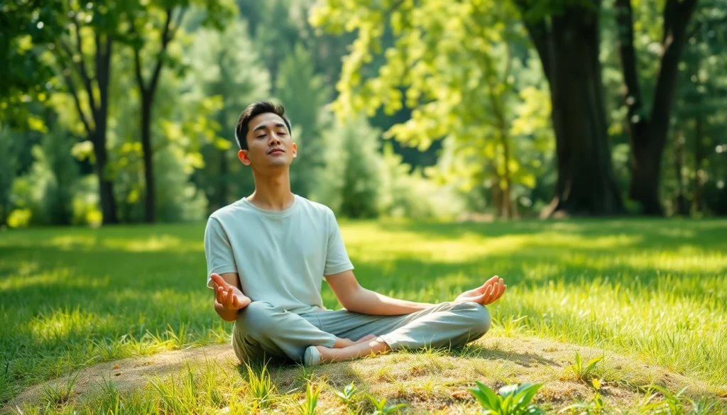 Individual practicing mindfulness outdoors, promoting strategies for dealing with stress.