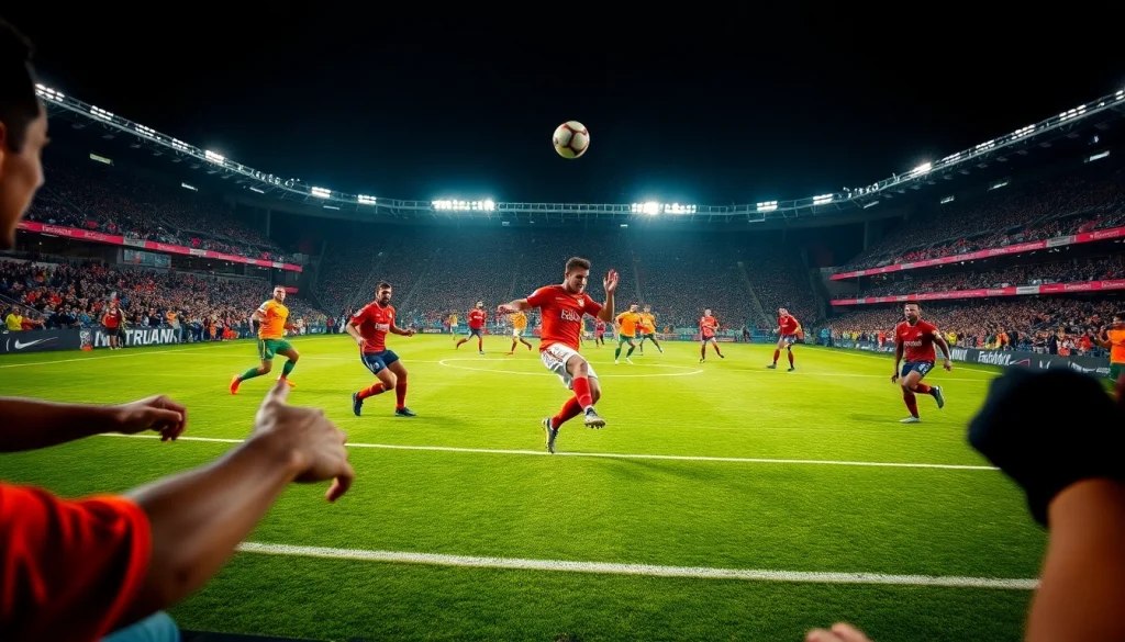 Bet on mix parlay with thrilling football action captured in a vibrant stadium atmosphere.